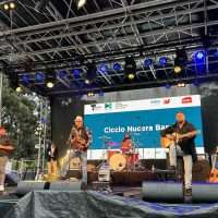Performance dal vivo su un palco: musicisti al centro, batteria, chitarre, luci colorate e pubblico lontano, spettacolo all'aperto.