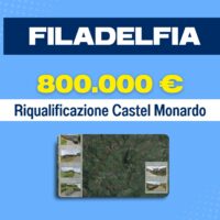 Promozione immobiliare in italiano: visualizzate una mappa con icone, testo 800.000 €, riqualificazione Castello Monardo, grandi lettere FILADELFIA.