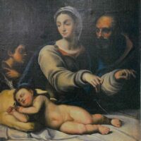 Dipinto raffigurante la Natività: Maria con Gesù neonato, accanto Giuseppe, in stile rinascimentale.