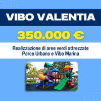 Cartellone promozionale con testo Vibo Valentia, 350.000 €, descrizione area verdi e parco urbano con giochi, foto di parco giochi.