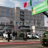 Veduta di un drive-in aziendale con persone all’aperto, auto parcheggiate e bandiera italiana sullo sfondo, cartelloni agricoli in primo piano.