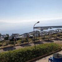 Veduta panoramica sul mare dal lungomare, con lampioni, piante decorative e griglie in primo piano, cielo sereno.