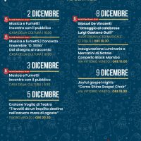 Poster blu con eventi musicali e culturali indicati per dicembre, testo bianco e rosso, calendario settimanale degli spettacoli
