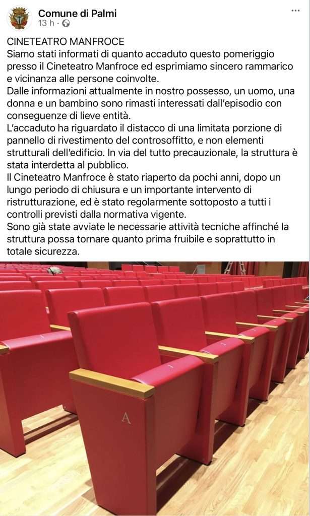 Comune di palmi post Facebook crollo cineteatro Manfroce