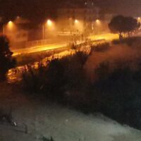 Veduta notturna di una strada illuminata, luci arancioni riflettono sul suolo bagnato e foliage sullo sfondo, atmosfera urbana umida.