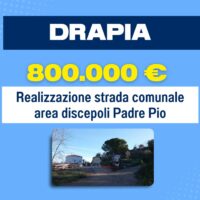 Cartellone pubblicitario blu con logo DRAPIA, prezzo 800.000 €, testo ‘Realizzazione strada comunale area discepoli Padre Pio’ e foto di strada