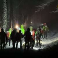 Gruppo di escursionisti notturni con torce, camminando tra alberi illuminati da luci soffuse in una foresta oscura