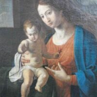 Madonna con Gesù bambino, vestiti di rosso e blu, in stile rinascimentale, dipinto religioso classico.