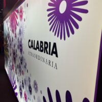Interior di una farmacia/caldaia con logo viola e orecchini a forma di fiore, testo Calabria Salordo Inaria in evidenza.