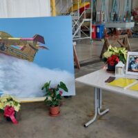 Volo di aereo ruggente dipinto su tavola, esposta in mostra all’aperto con fiori e cornici decorative sullo sfondo.