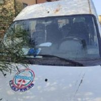 Autocarro bianco con logo circolare sul cofano e rami verdi all’ingresso, veicolo parcheggiato all’aperto sotto sole.