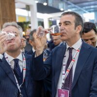 Due uomini in abiti formali brindano con bicchieri in un evento aziendale, pubblico sullo sfondo, espressioni concentrate.