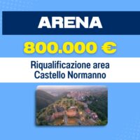 Aerea vista del parco della Arena, prossima al Castello Normanno, con testo promozionale 800.000 € in cornice blu.