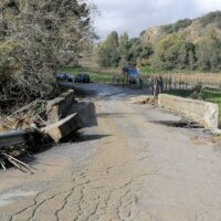 Strada di campagna con ponte incrinato, contesto rurale, alberi, e personaggi sullo sfondo, luci naturali.