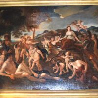 Gruppo di figure mitologiche e nudiste in paesaggio storico, dipinti su tela ovalata, con scene dinamiche e colori dorati.