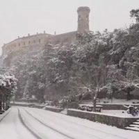 Strada innevata con alberi e veicoli, sfondo castello medievale parzialmente celato dalla neve.