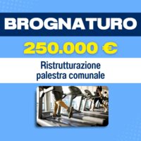 Manifesto pubblicitario: palestra comunitaria ristrutturata a Brognaturo con prezzo 250.000 €, visuale corridoio e attrezzi da palestra.