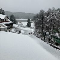 Veduta innevata di paese di montagna con tetti e strade bianche, alberi innevati e lago sullo sfondo.