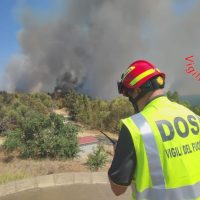 Vigili del fuoco in alta visibilità osservano un incendio boschivo con fumo denso che avanza tra gli alberi.