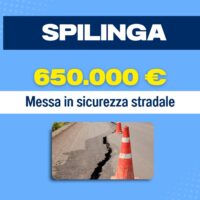 Infografica Spilinga: 650.000 €, Messa in sicurezza stradale e immagine di crepa stradale con cono arancione