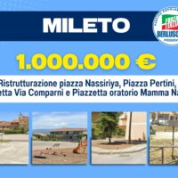 Promo in italiano: grande testo 1.000.000 €, foto di una ristrutturazione di piazze e spazi pubblici all’aperto con persone e aree verdi