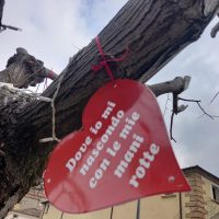 Cuore rosso pendente da albero con scritta in italiano: 'Dove lo ammiro, lo porto dentro di me'.