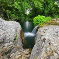 Scorcio di una gola con rocce a destra e sinistra, acque verdi che scorrono tra gli alberi e una vegetazione lussureggiante sullo sfondo.