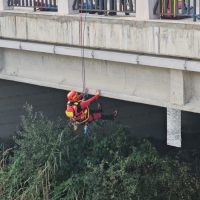 Tecnici in tuta antincendio calati da un ponte, operano su una piattaforma sospesa tra vegetazione sottostante.