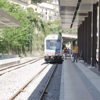 Treno urbano moderno in corsa su binari, piattaforma con passeggeri, edificio e verde sullo sfondo.