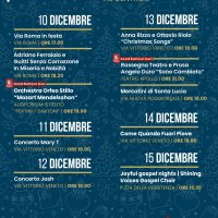 Poster blu con calendario di concerti a dicembre, elenca date, luoghi e artisti principali in italiano.