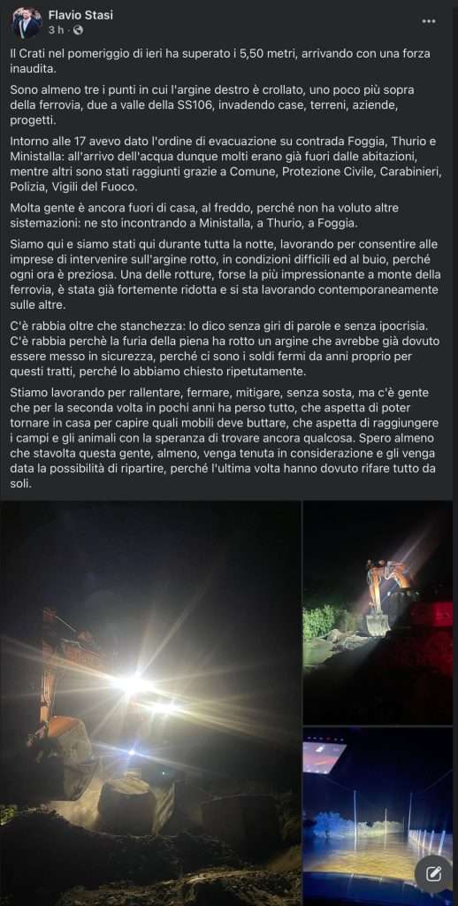 Post Facebook sindaco Corigliano-Rossano Flavio stasi