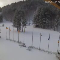 Scena innevata con alberi e bandiere lungo una recinzione, atmosfera fredda e silenziosa, data nell’angolo superiore.