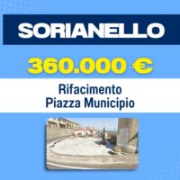 Cartellone pubblicitario Sorianello con prezzo 360.000 €, mostra Rifacimento Piazza Municipio e foto di una strada con lavori.