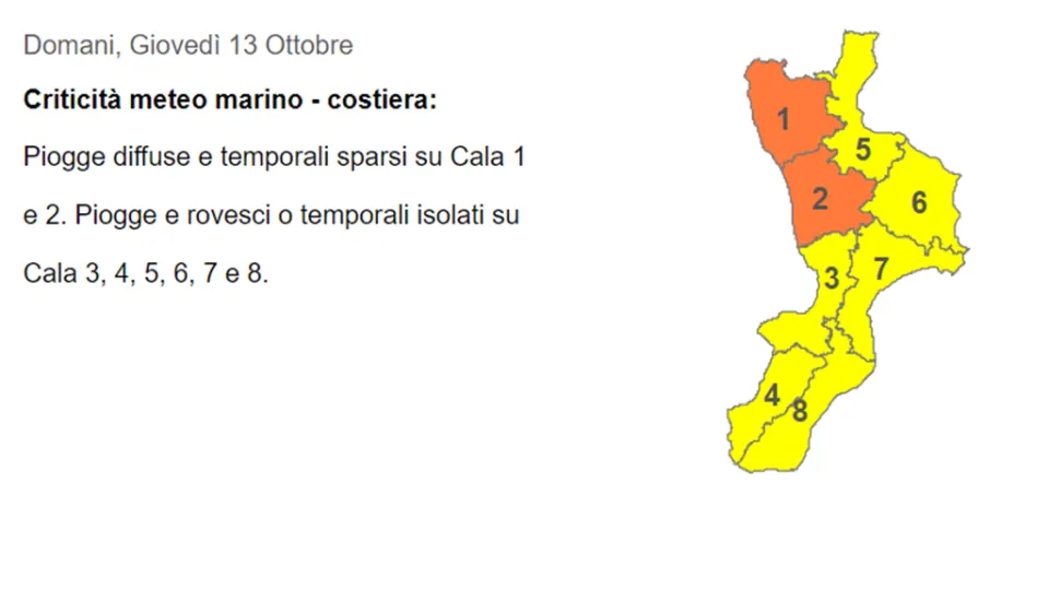 METEO | Allerta arancione e gialla in Calabria per domani giovedì 13 ottobre 2022