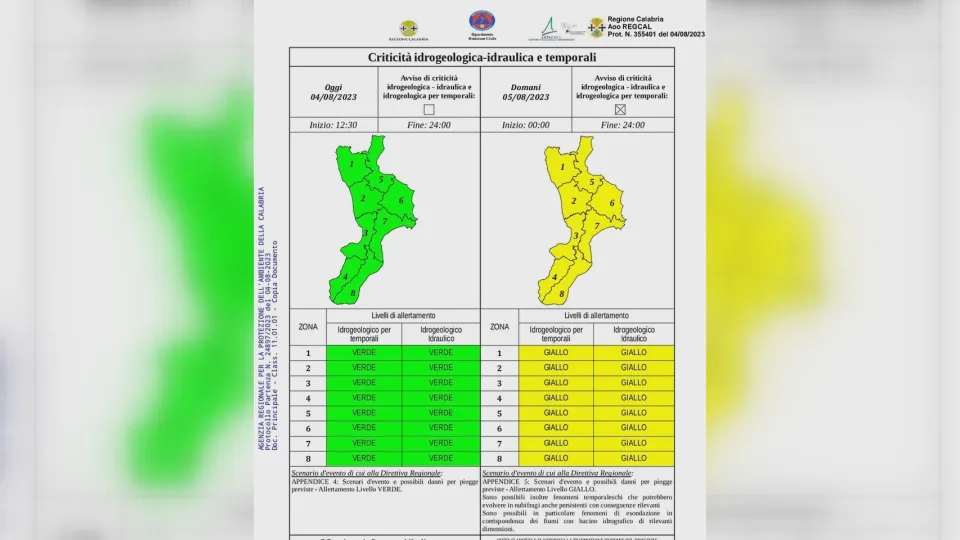 METEO | Pioggia e maltempo: prevista allerta gialla in Calabria per sabato 5 agosto