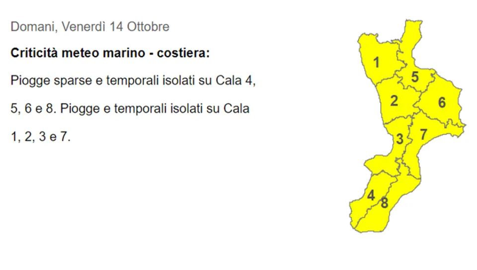 METEO | Allerta gialla su tutta la Calabria per la giornata di venerdì 14 ottobre 2022