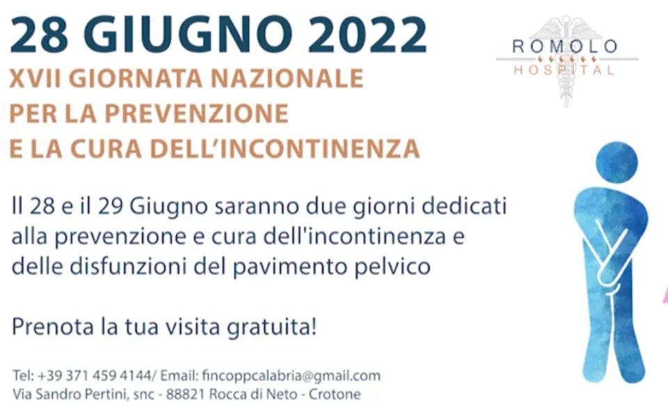 Giornata nazionale dell’incontinenza Fincopp: il 28 e 29 giugno visite gratuite al Romolo Hospital