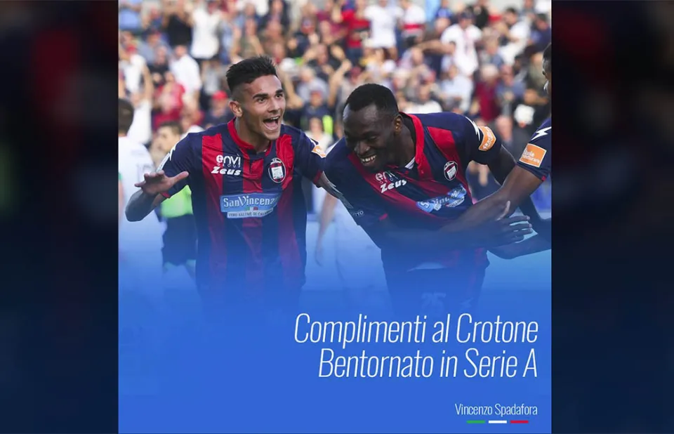 Calcio, i complimenti del ministro Spadafora per la promozione del Crotone in Serie A