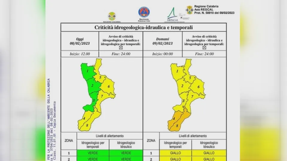 Maltempo, diramata allerta arancione e gialla in Calabria per il 9 febbraio: scuole chiuse a Reggio