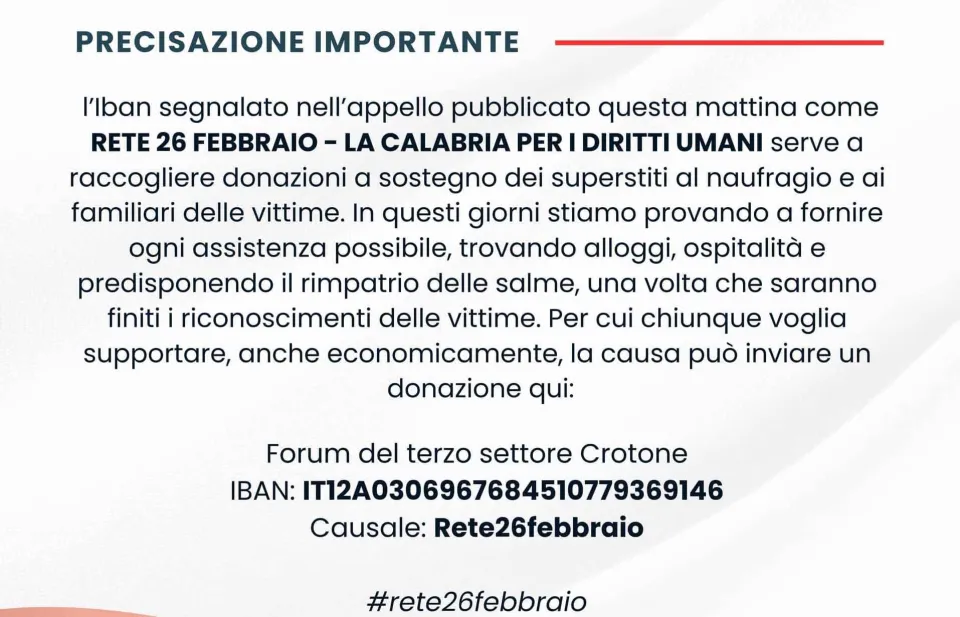 Naufragio di Steccato: avviata una raccolta fondi per sopravvissuti e familiari delle vittime
