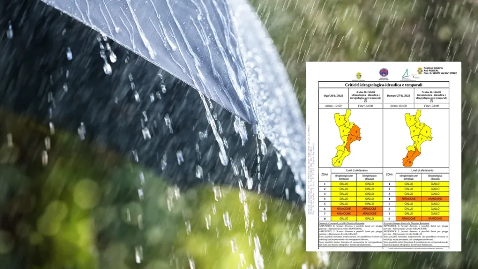 Maltempo: prevista allerta arancione e gialla in Calabria anche per domenica 27 novembre
